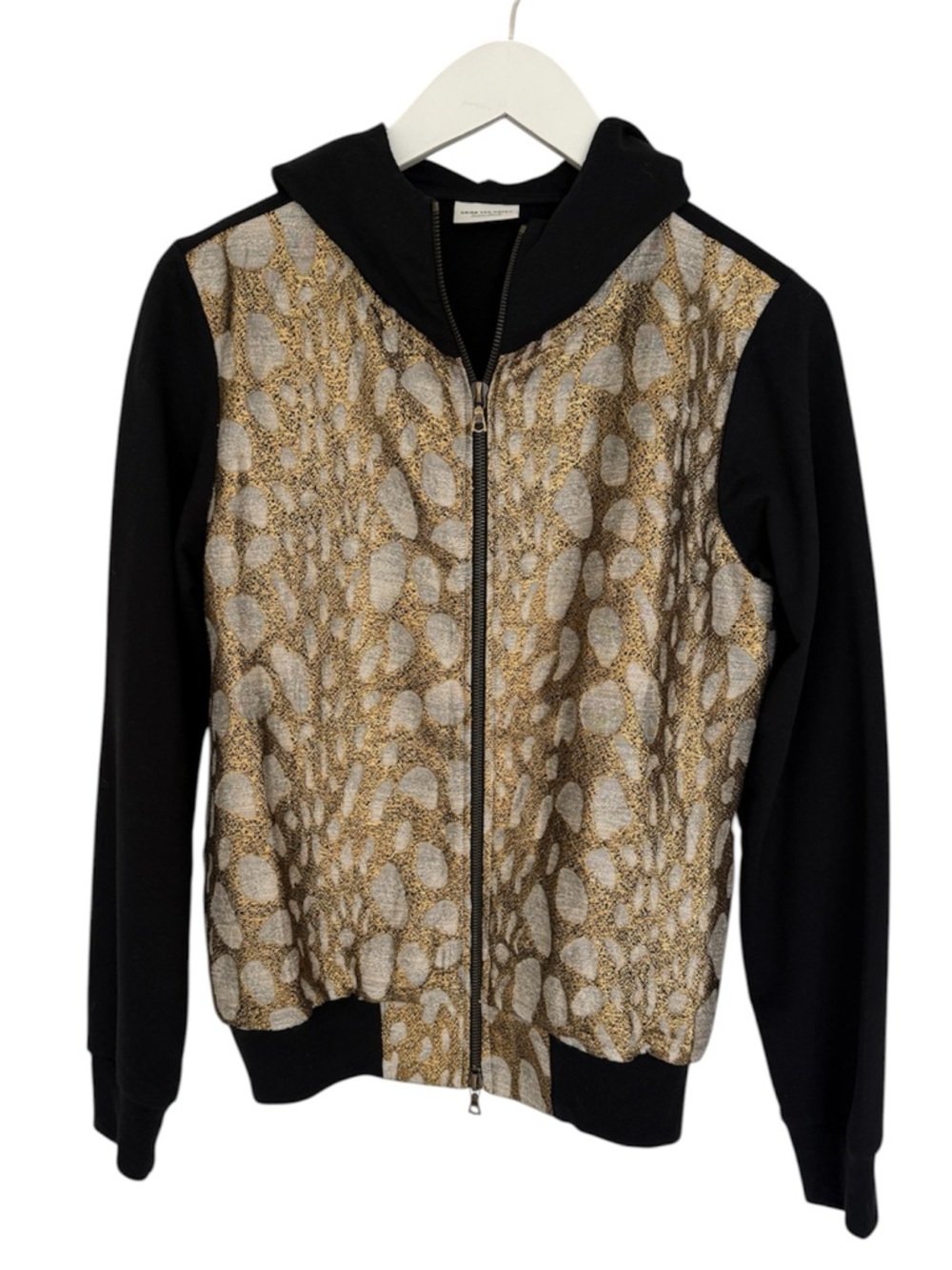 Dries Van Noten Metallic Gold Pattern Zip Hoodie with Black Sleeves